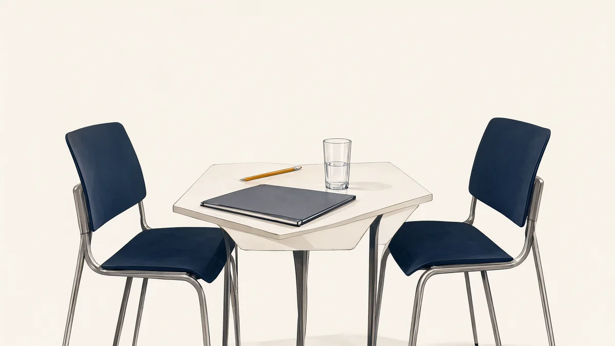 Two empty chairs face a table with a blank folder, pencil and water glass.