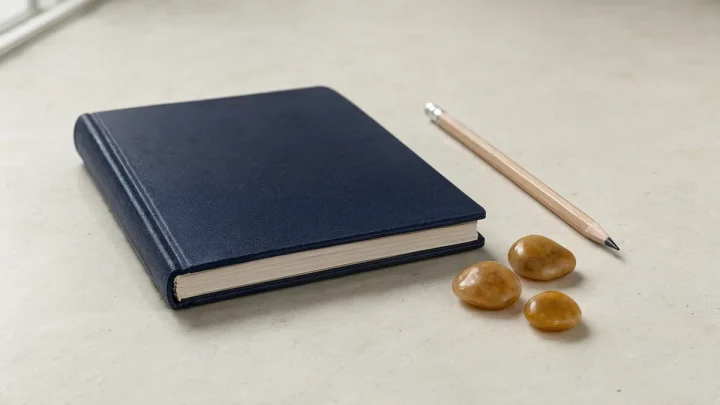 A closed journal, pencil and three amber pebbles on a desk.