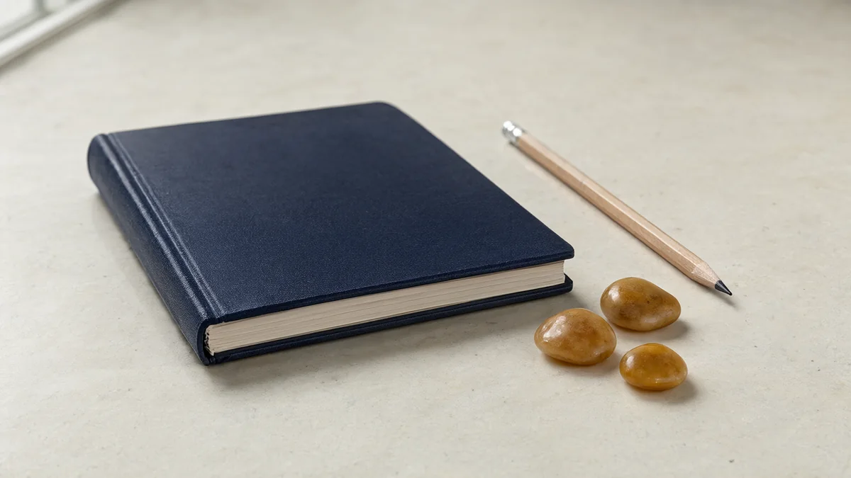 A closed journal, pencil and three amber pebbles on a desk.