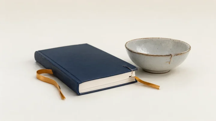 A closed notebook beside a repaired ceramic bowl.