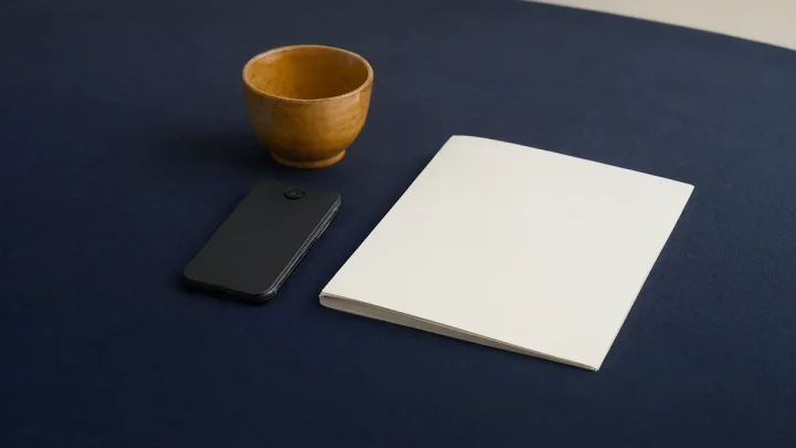 A face-down phone beside a closed notebook and ceramic cup.