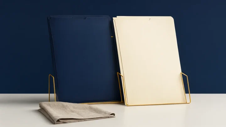 Two unmarked navy and cream folders in an amber file divider.