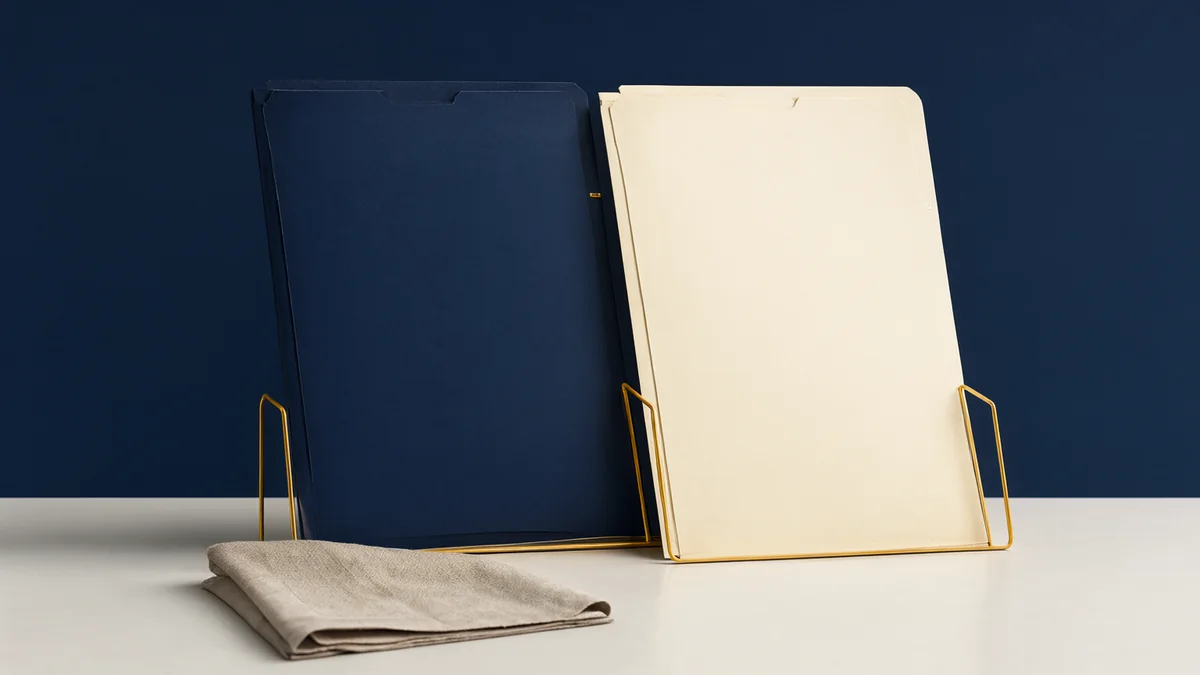 Two unmarked navy and cream folders in an amber file divider.